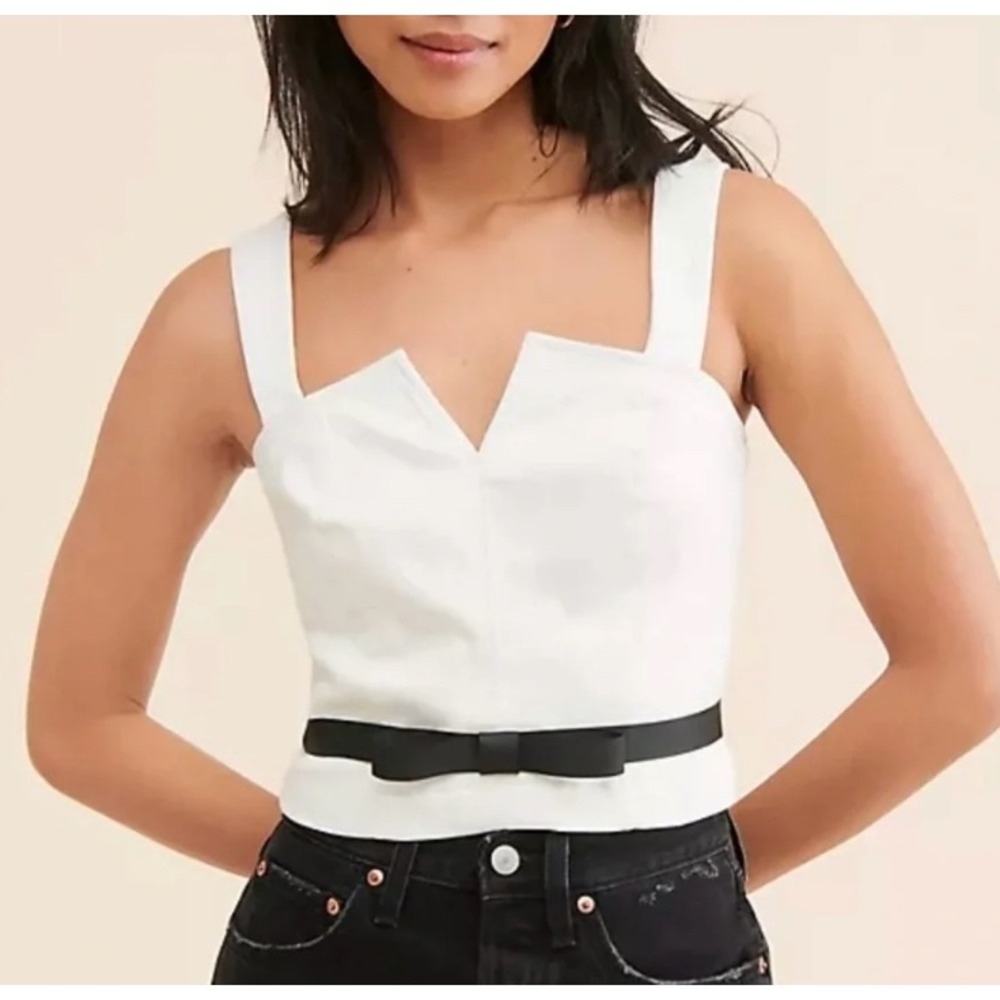 MAEVE Anthropologie WHITE CROP CORSET BUSTIER TOP Back Ribbon Belt V-Neck SZ 2